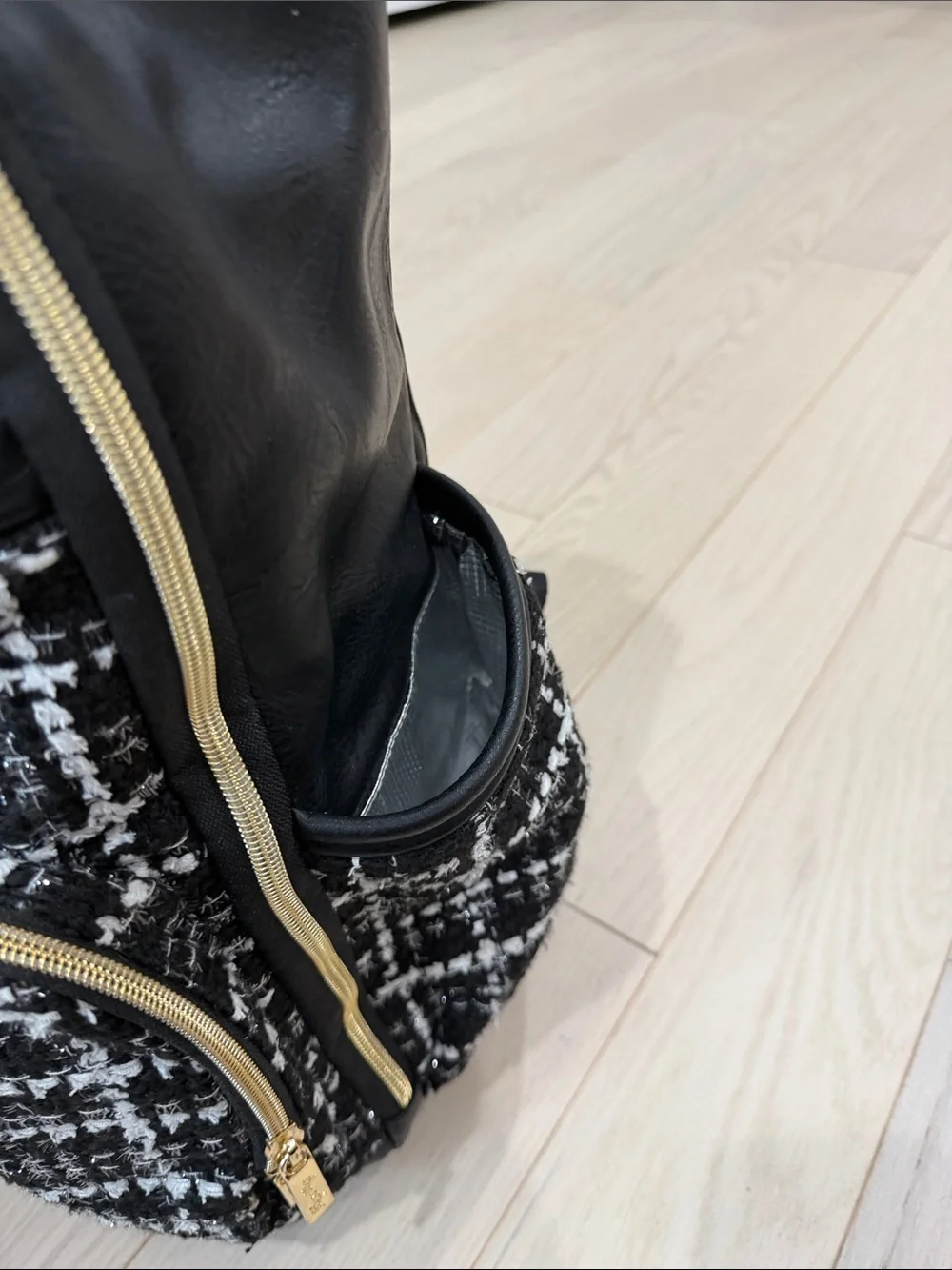 Itzy Ritzy Black & White Tweed Diaper Backpack with Gold Hardware